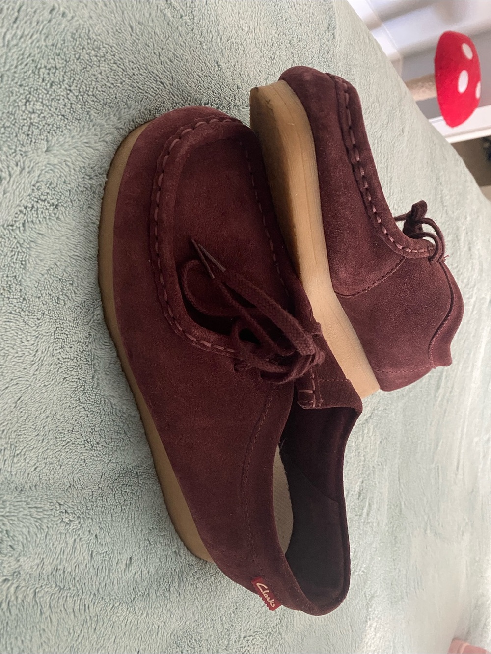 Clarks Women's Burgundy Suede Wallabee Loafers with Gum Sole
